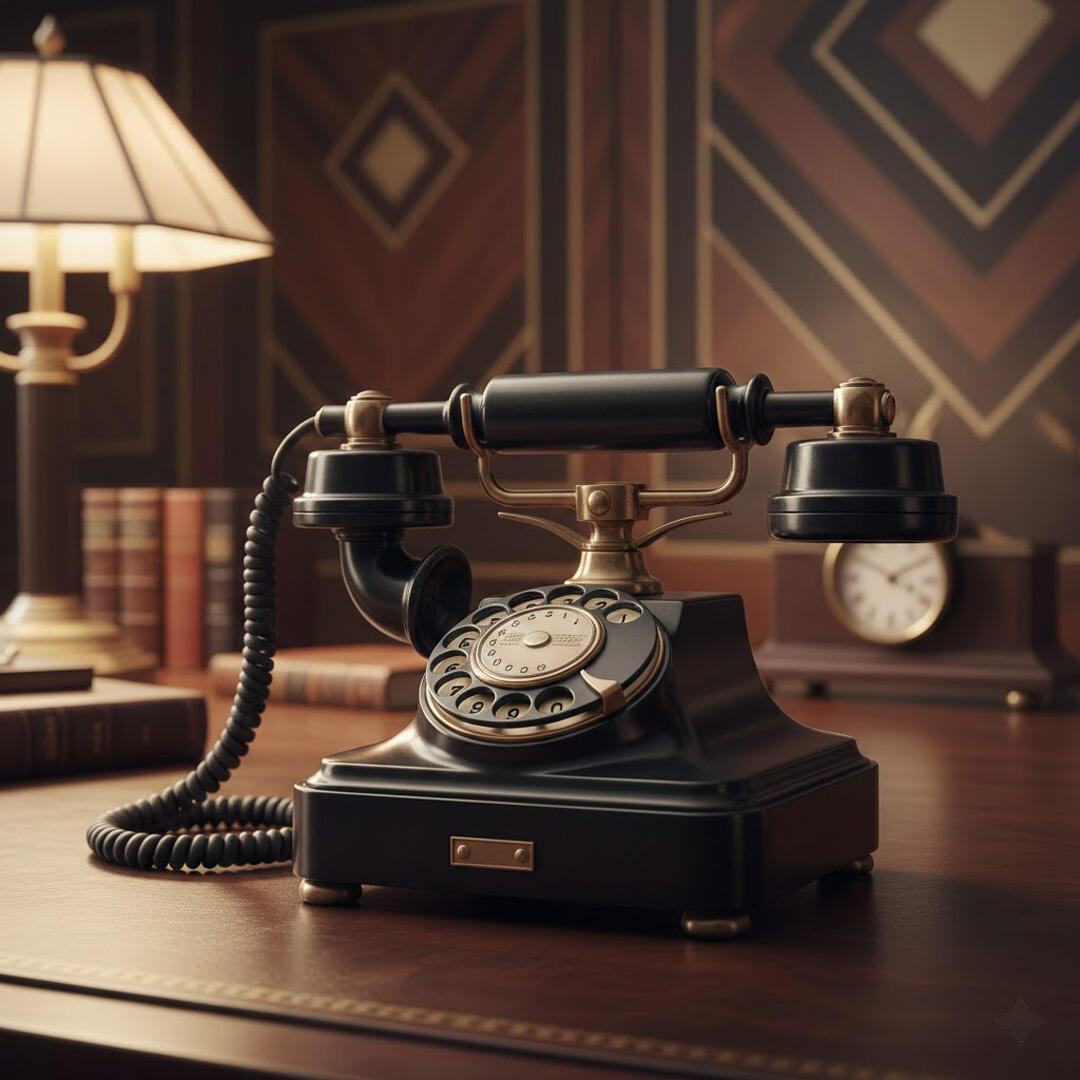 Antique phone and dictionary on desktop in art deco style